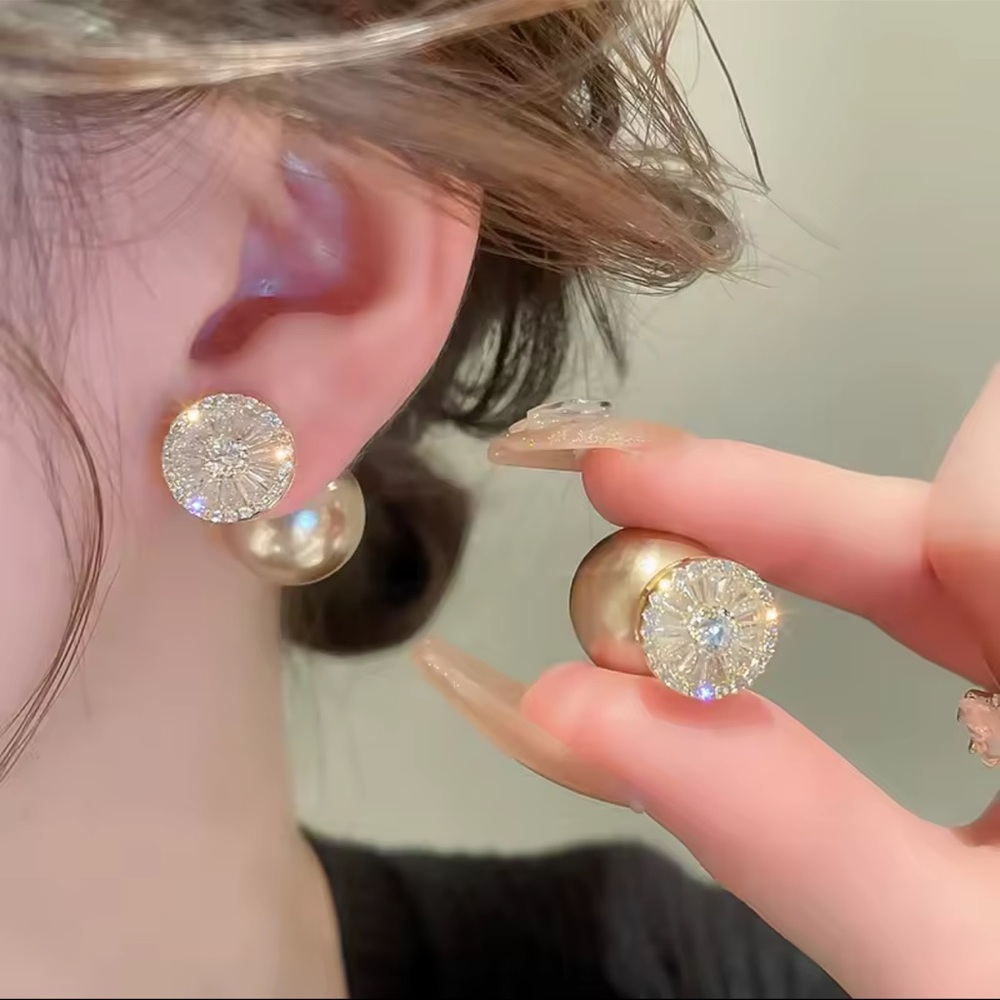 Lustrous Champagne Gold Pearl Stud Earrings with Zirconia - Picture 2 of 2